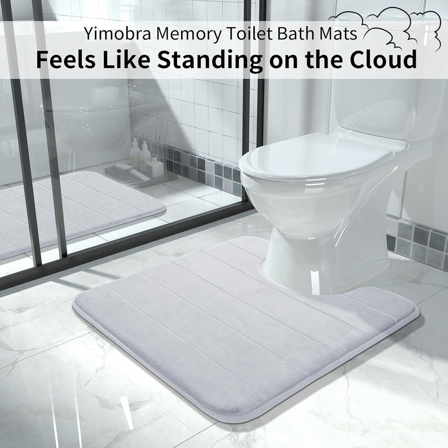 Yimobra Memory Foam Toilet Bath Mat U-Shaped, Soft and Comfortable, Super Water Absorption, Non-Slip, Thick, Machine Wash and Easier to Dry for Bathroom Commode Contour Rug, 24 X 24 Inches, Silver