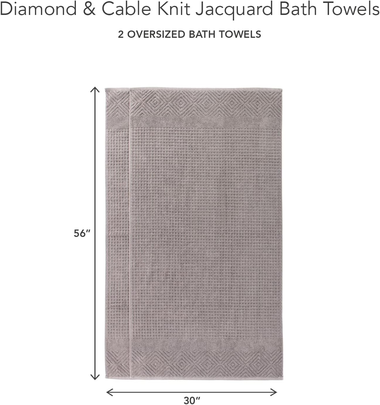 Texere 100% Organic Cotton Diamond Jacquard 700 GSM Luxury Bath Towel Sets - Ultra Soft and Absorbent Hotel and Spa Quality (Diamond, Cathedral Gray, 2 Bath Towels)