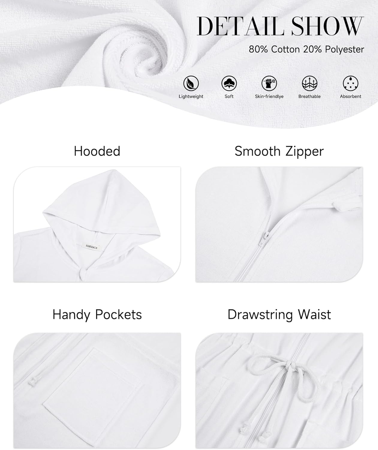 Bsubseach Terry Cloth Cover Up - Women Zip Up Long Sleeve Swimsuit Coverup Hooded Bath Robes with Pockets