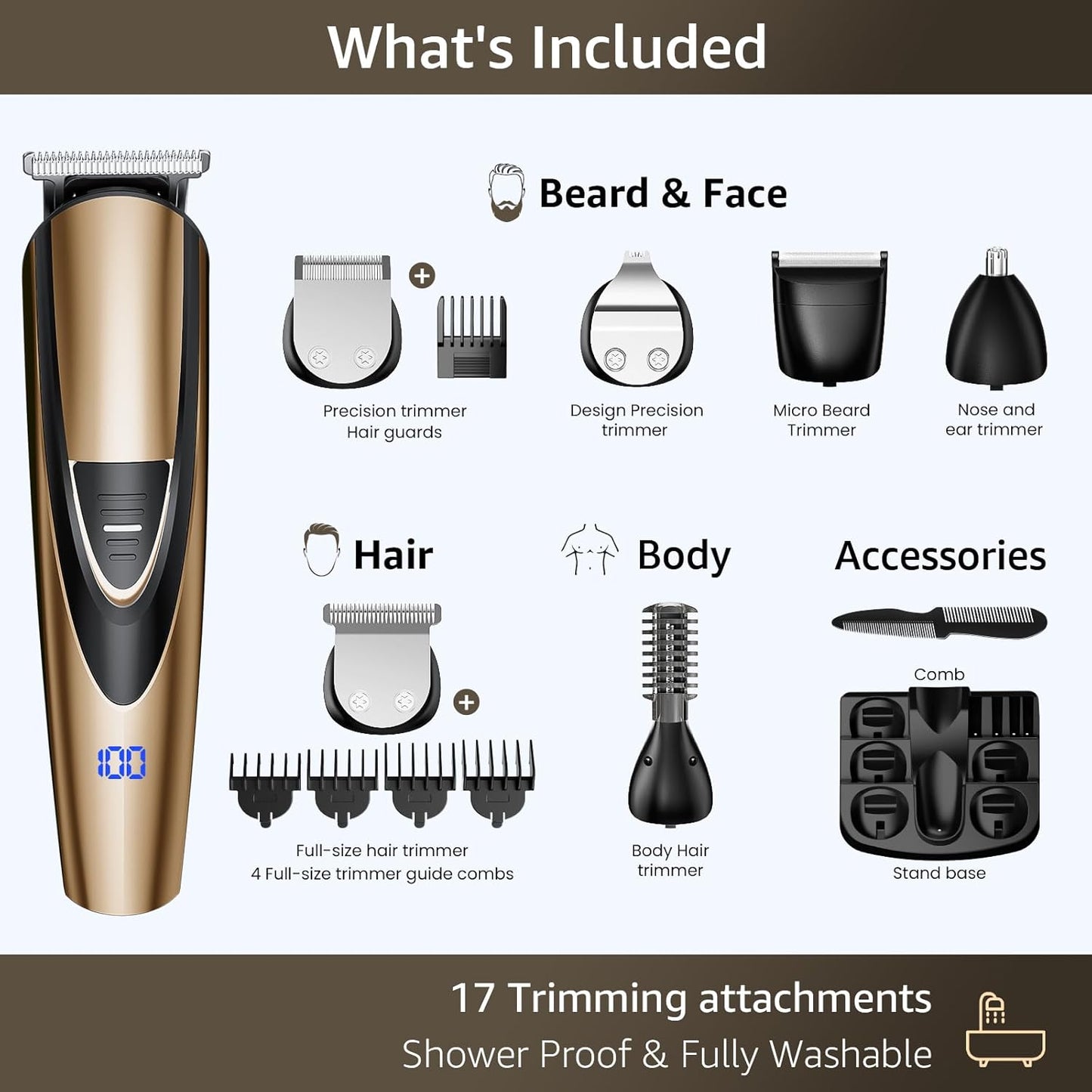 SHPAVVER Electric Beard Trimmer for Men: 16-in-1 Professional Barber Hair Clippers - Cordless Grooming Kit - Turbo Speed & Precision Blades, Gold