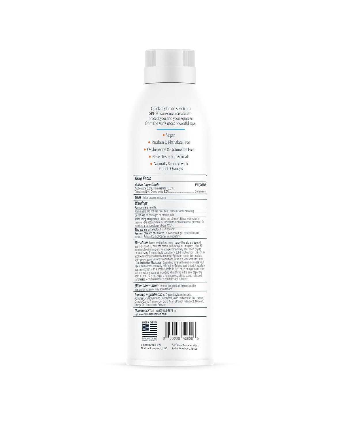 Florida Squeezed SPF 30 Sunscreen Water Resistant Spray|6oz|Vegan and Hawaii 104 Reef Act Compliant (Octinoxate & Oxybenzone Free) Broad Spectrum Moisturizing Sunscreen. Paraben & Phthalate Free.