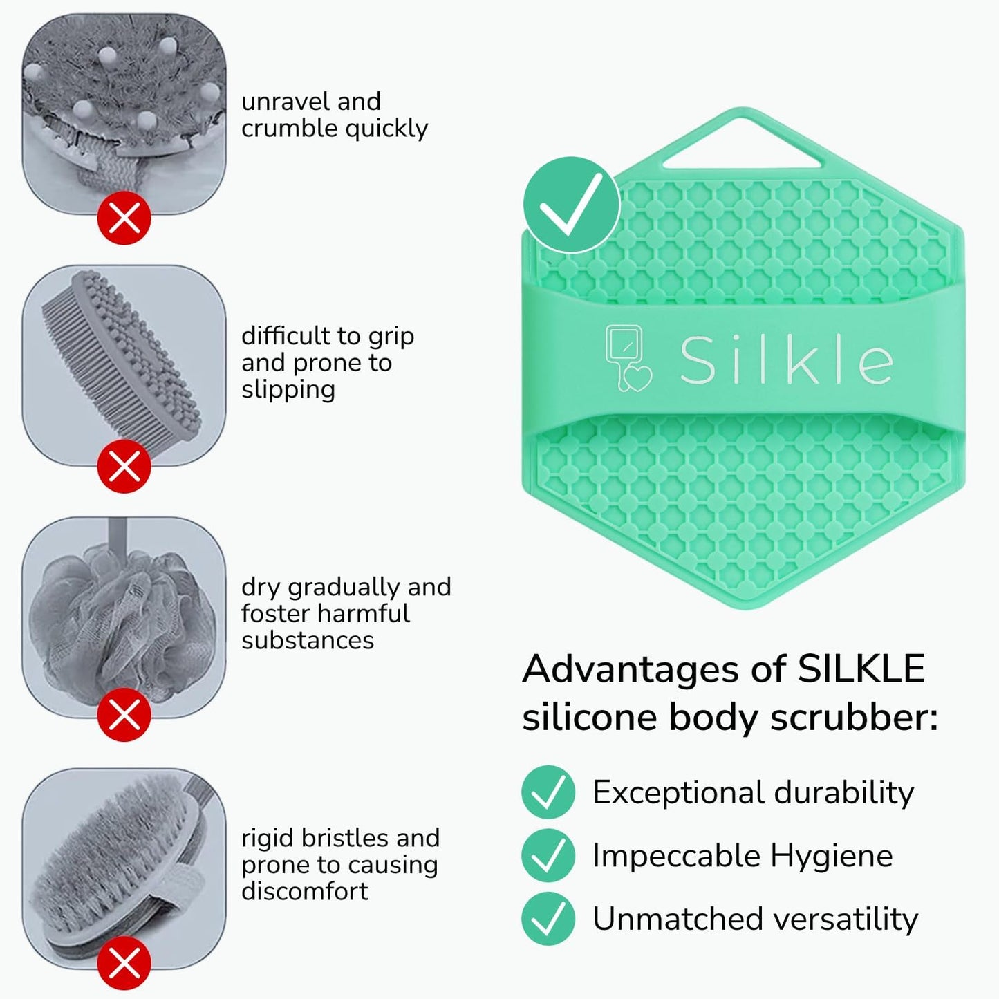 Silicone Body Scrubber - Exfoliating Bath Brush and Skin Cleanser - Shower Sponge for Gentle Body Scrub and Wash - Silicone Scrubbing Care Tool for a Refreshed and Renewed You - Green