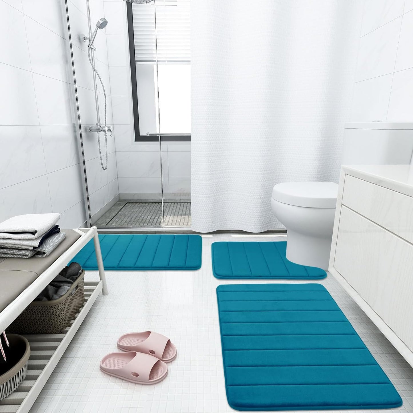 Buganda Memory Foam Bath Mat, 59" x 20", Ultra Soft and Non-Slip Bathroom Rugs, Water Absorbent and Machine Washable Bath Rug Runner for Bathroom, Shower, and Tub, Peacock Blue