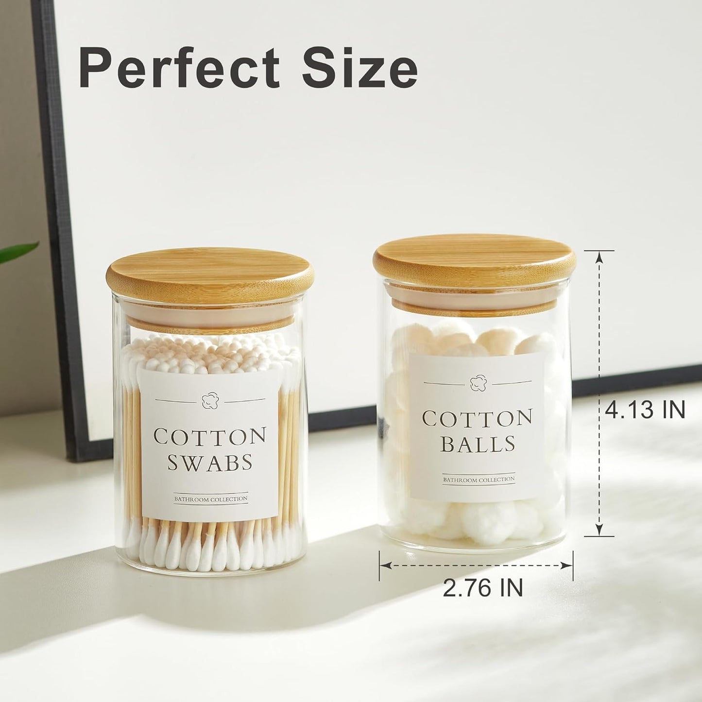 6 Pack Qtip Holder Dispenser - Glass Apothecary Jars with Lids, Cotton Ball Pad Swab Round Holder, Bamboo Bathroom Accessories, Bathroom Organizers Containers Jars Canisters with Lids