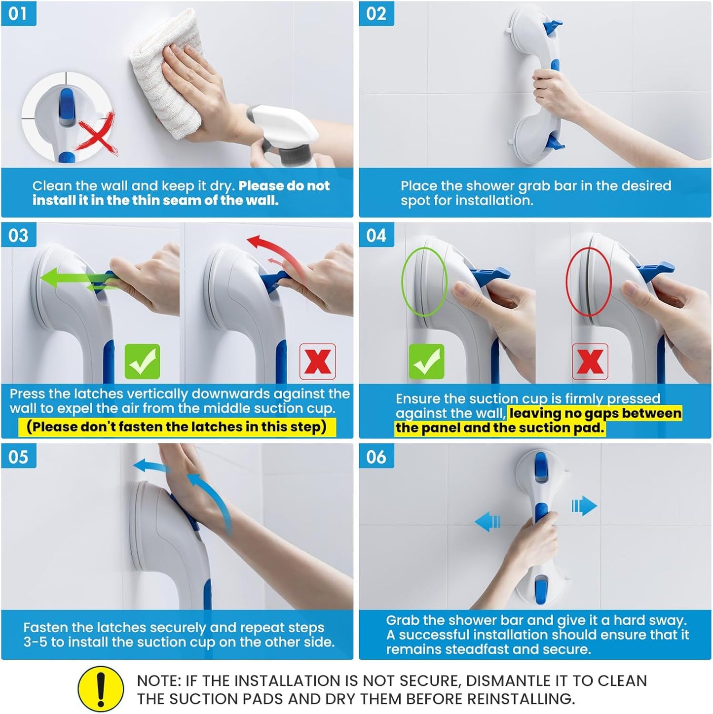 Shower Grab Bar Suction Cup 12 inch, Grab Bars for Bathtubs, Bathroom Safety Grip Shower Handle for Elderly and Seniors, Bath Handrails Removable & Reusable Waterproof, No Drilling, Blue