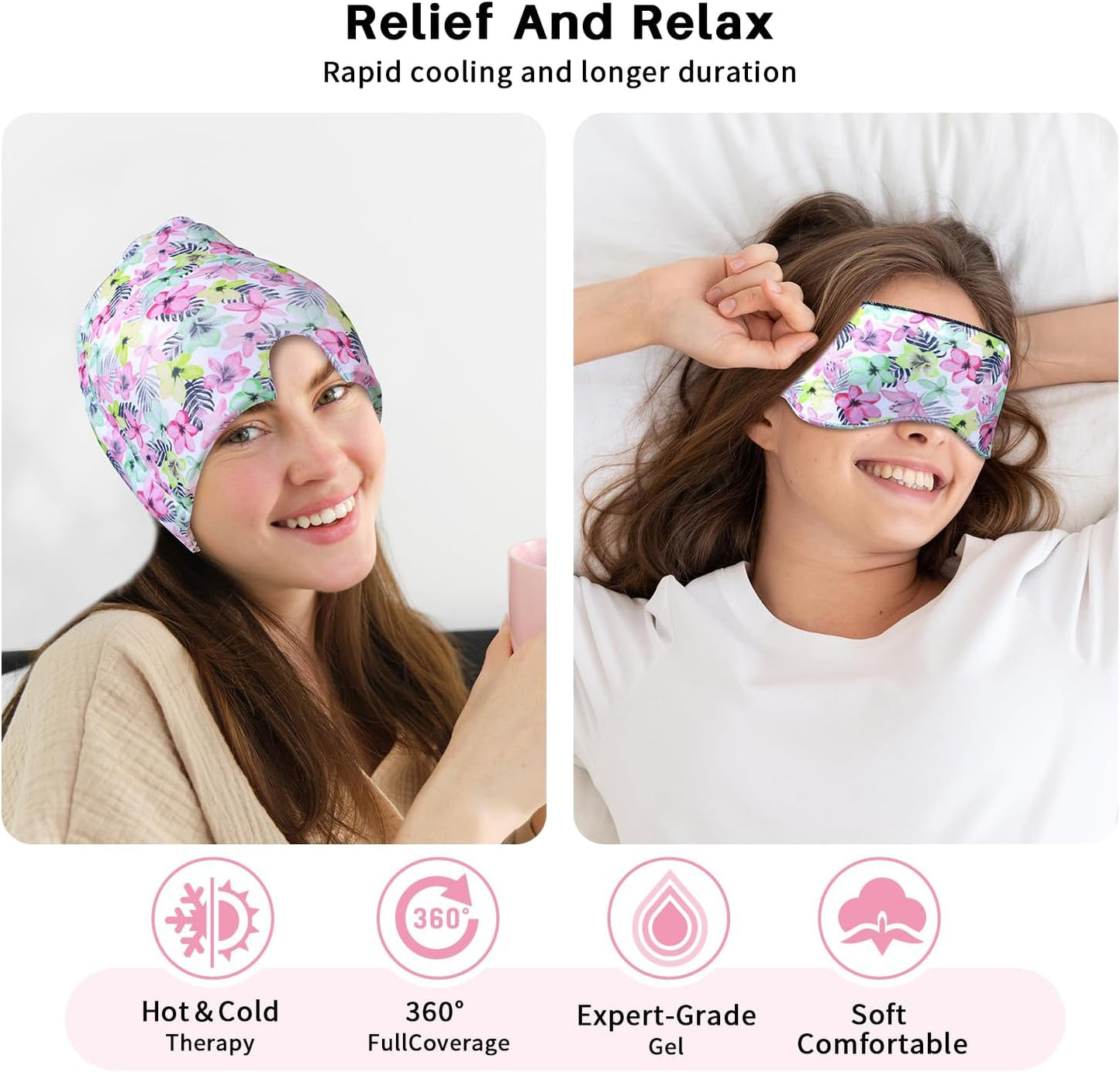Migraine Relief Cap, Gel Cooling Eye Mask, Cooling Gel Relief 2 Pack Set, Hot/Cold Therapy, Natural Relief Cap, Instant Headache Relief, for Sinus, Puffy Eyes,Tension, Stress Relief