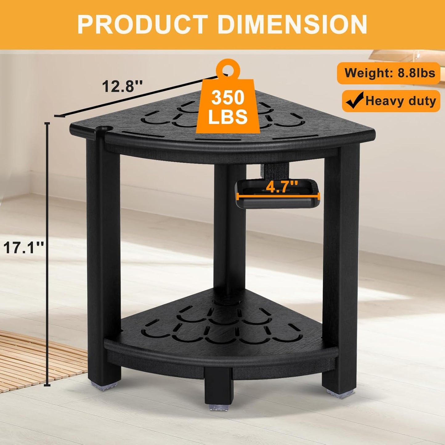 NALONE Corner Shower Stool, HDPE Shower Bench for Inside Shower, Small Shower Chair Seat for Shaving Legs with Storage Shelf, Soap Box and No-Slip Feet (Black)