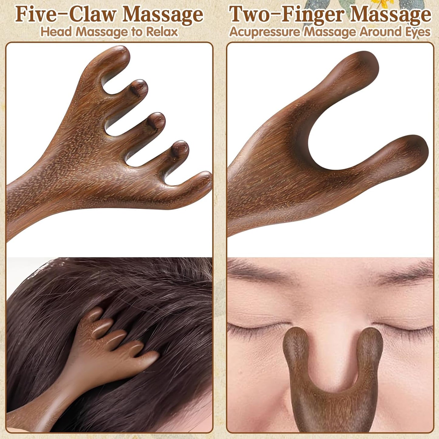 2Pcs Meridian Comb Fivetouch Therapy Comb Sandalwood Massage Claws Guas Sha wood therapy Tools ergonomic for Head Face Eye Nose Massager Brush Relaxation Wellness