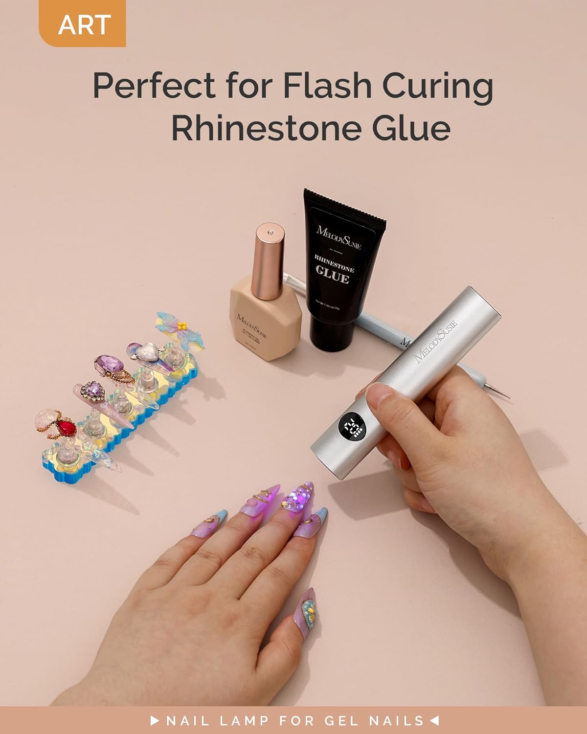 MelodySusie Handheld UV Light for Gel Nails, ART01G Cordless Gel X Nail Lamp, Rechargeable Flash Cure Nail Dryer with LCD Display, 2 Timers for Rhinestone Glue DIY at Home, Acetone Resistant, Silver