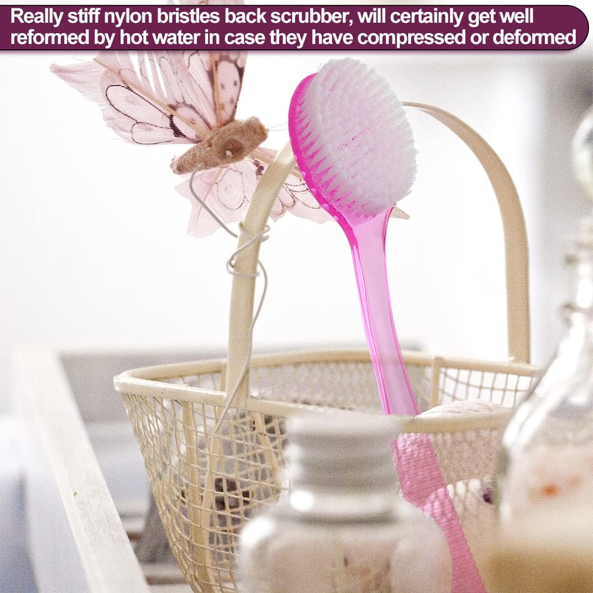 Back Bath Brush - Curved Long Handle Shower Brush with Medium Stiff Bristles for Exfoliating Body, Back Scrubber for Men & Women (Pink 2 Pack)