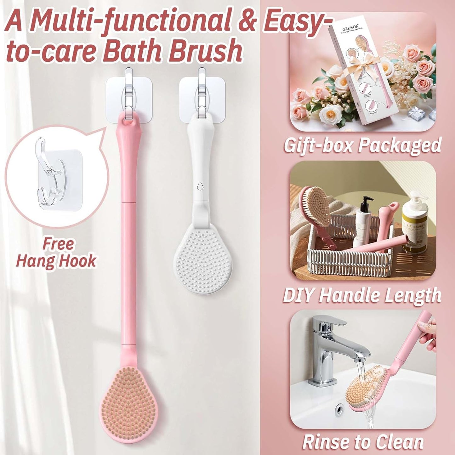 Back Scrubber for Shower, 19’’ Detachable Long Handle Shower Body Scrubber for Wet or Dry Brush, Adjustable 2-in-1 Back & Body Brush with Medium Soft Bristles for Deep Cleaning(Pink)