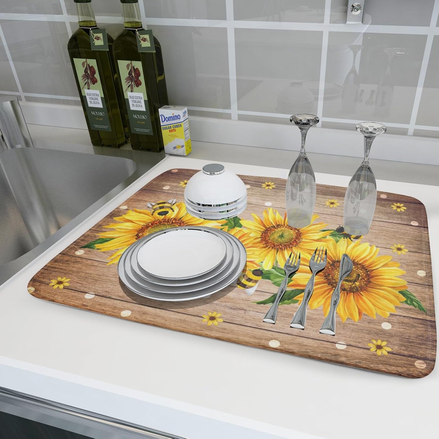 Sunflower Bee Dish Drying Mat for Kitchen Counter Home 18x24 Inch Wood Barn Microfiber Drainer Rack Mats Washable Absorbent Dish Dry Pad