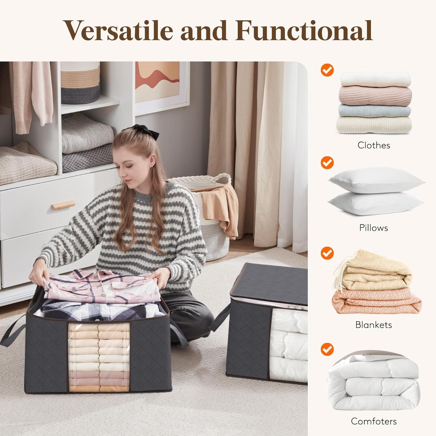 Lifewit 90L Large Storage Bags, 8 Pack Closet Organizers and Storage, Clothes Storage Bins with Lids, Foldable Storage Containers with Reinforced Handles for Clothing, Blanket, Bedding, Comforter Gray