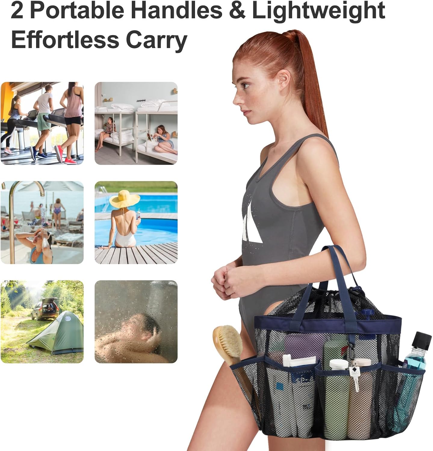 F-color Mesh Shower Caddy Portable with Drawstring - Deeper 7 Pockets Dorm Room Essentials for Guys Girls with S Hook, Shower Bag Tote for College Camping Toiletry Bathroom, Black with Dark Blue