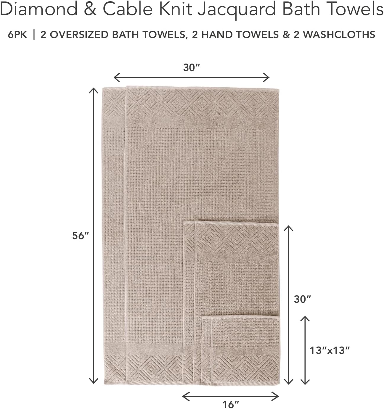 Texere 100% Organic Cotton Diamond Jacquard 700 GSM Luxury Bath Towel Sets - 2 Large Bath Towels, 2 Hand Towels, 2 Washcloths (Diamond, Oxford Tan, 6 Piece)