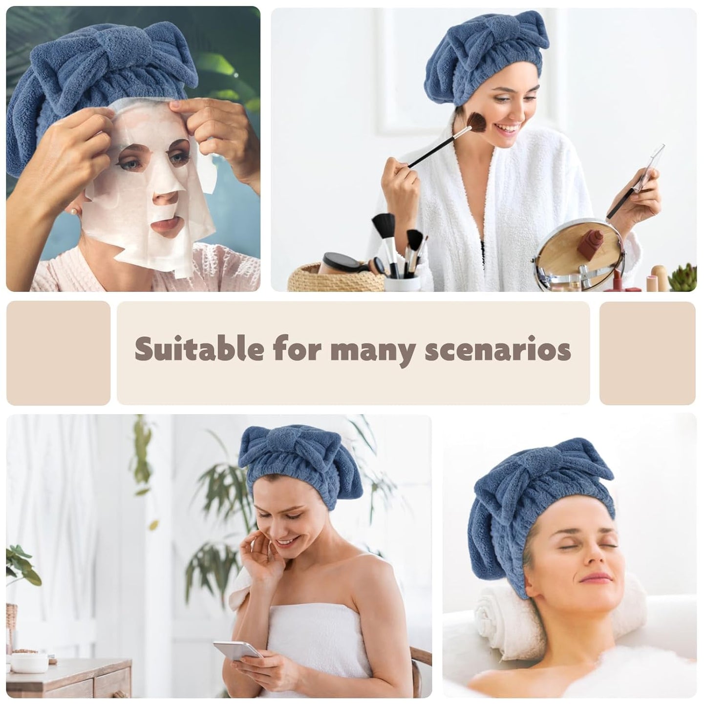 SUNLAND Large Microfiber Hair Drying Caps with Bow knot Fast Drying Shower Cap Soft and Absorbent hairWrap Hair Turban Bath Caps for Curly Thick and wet Hair 11 X 13.4 inch 2 Pack Dark Blue