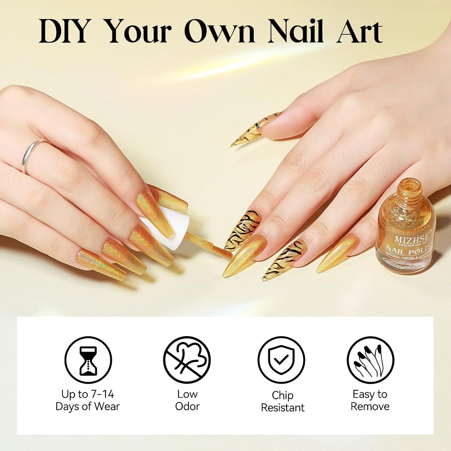 MIZHSE Holographic Nail Polish, Gold Glitter Nail Polish Air Dry Fast, 15 ml 0.5 fl oz High Glossy Shiny Nail Pigment Oil-based Laser Iridescent Chrome Halo Nail Art Salon Manicure Home