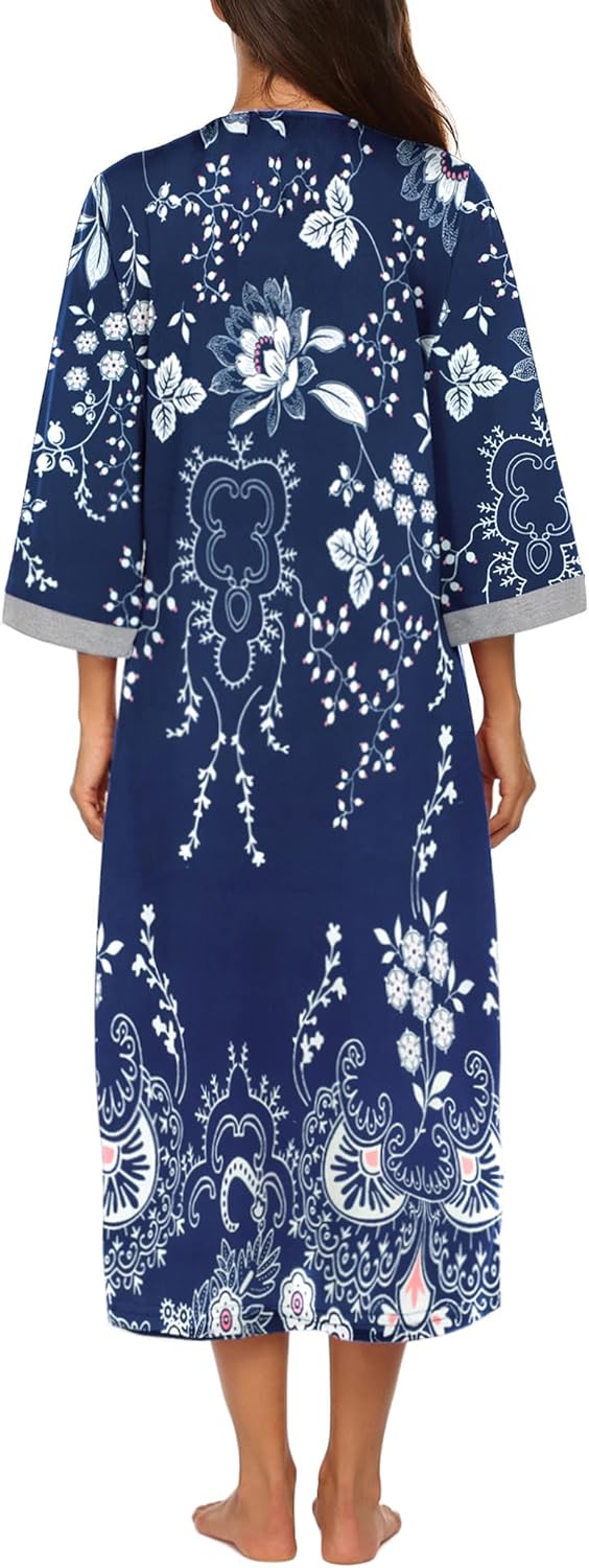 Ekouaer Women Zipper Robe 3/4 Sleeves Loungewear Dress Full Length Sleepwear Pockets Housecoat Nightgown Long Bathrobe