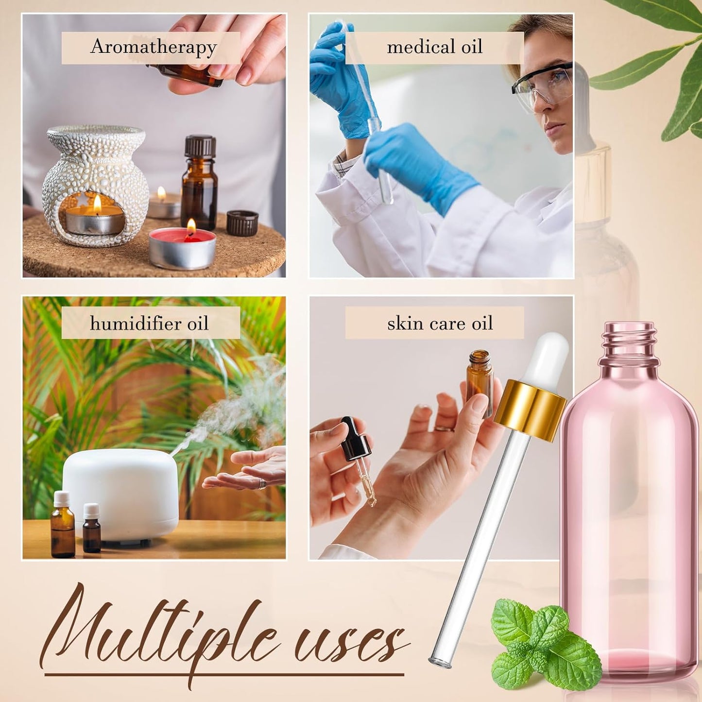 Lallisa 48 Pcs Glass Dropper Bottles with Eye Dropper Dispensers Lab Dropping Bottles with 4 Pcs Long Pipettes 4 Funnel and 80 Label for Travel Cuticle Massage Essential Oils Perfume (Pink,4 oz)