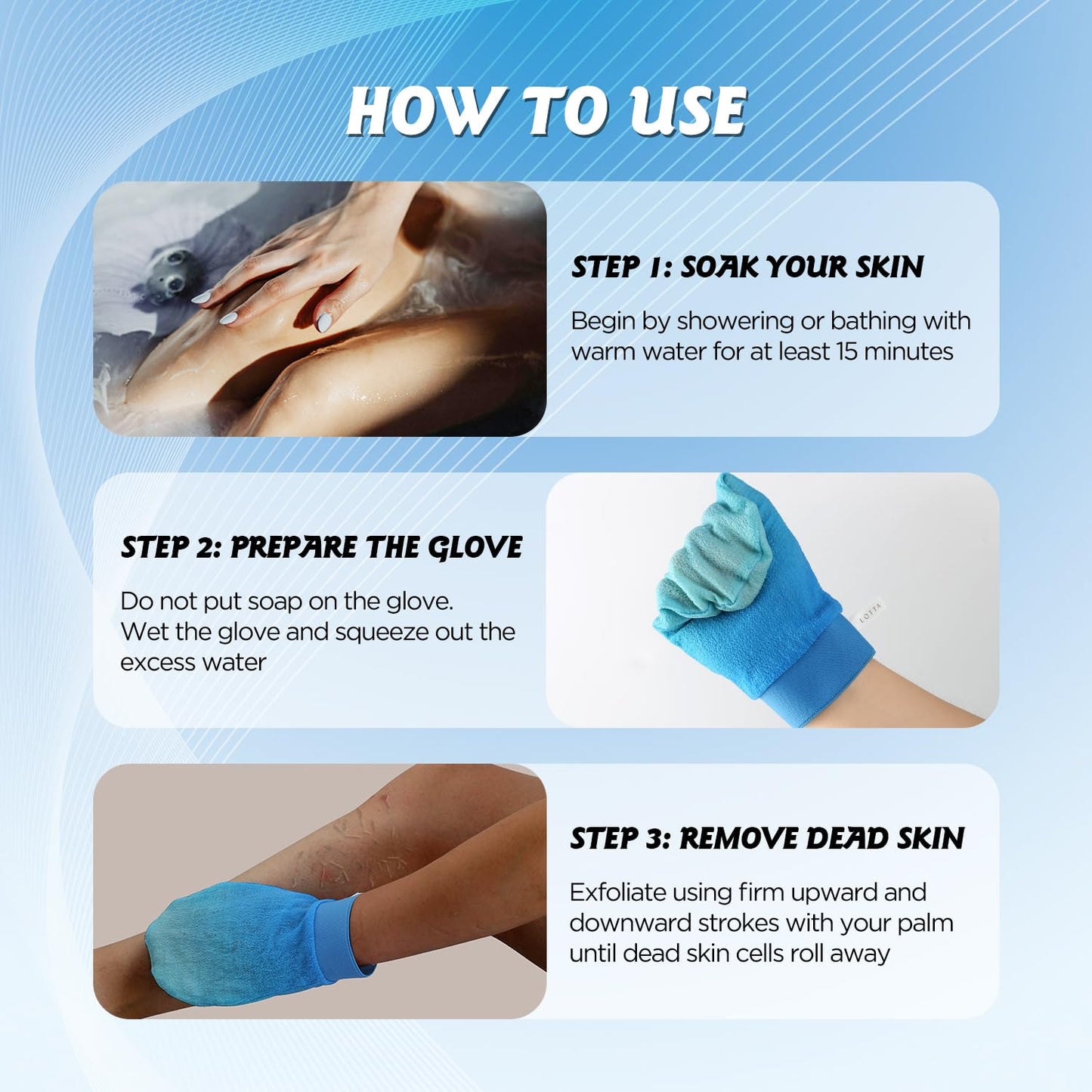 LOTTA Dreamy-Glow Deep Exfoliating Glove - Vegan Dead Skin Removal Body Scrub Mitt Bath Washcloth for Women Shower Exfoliation (Ocean Breeze)