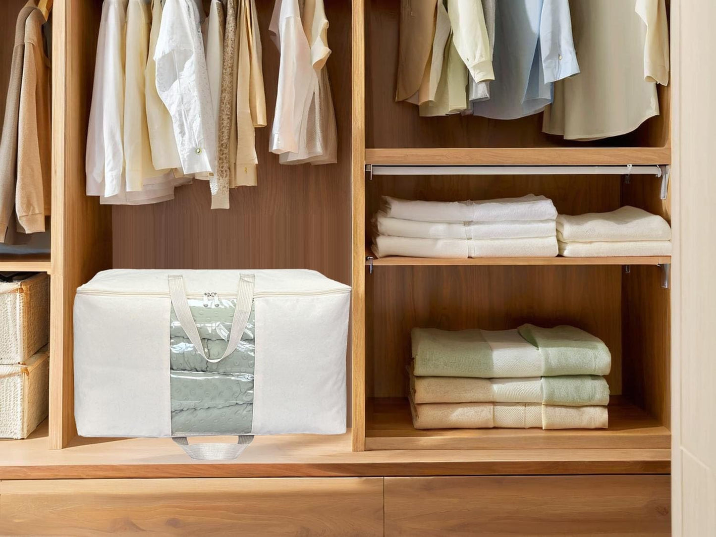 Soft Canvas Clothes Storage Bags with Four Carrying Handles and Clear Window, Closet Organizer for Clothing, Blankets Sheets and Bedding, 55L, 3 Pack, Beige