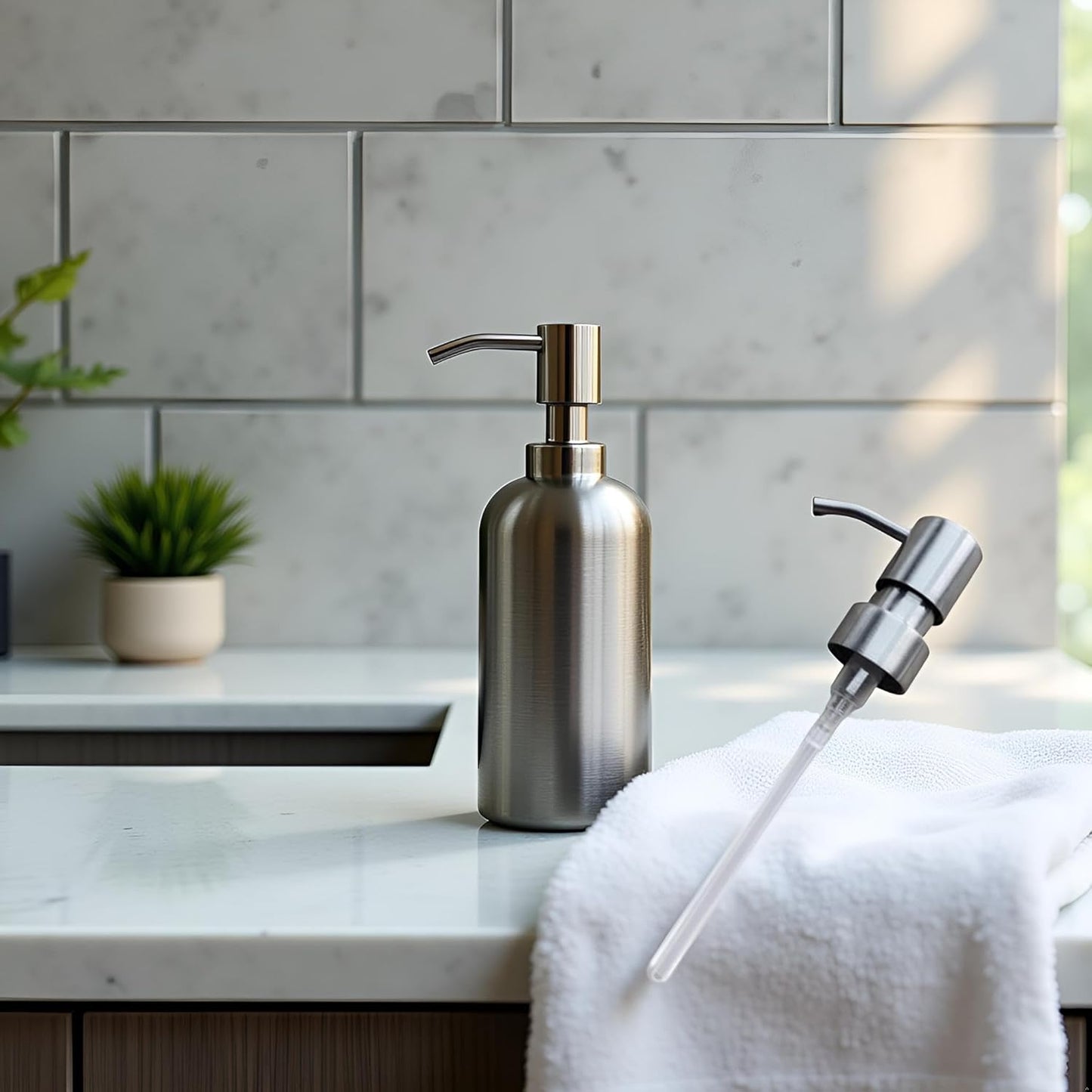 Silver Stainless Steel Minimalist Style Liquid Soap Dispenser for Bathroom, Foam Nozzle Pump Bottle Press Head - Stainless Steel, Countertop Soap Dispensers, Liquid Hand Soap Dispensers, Dispensers