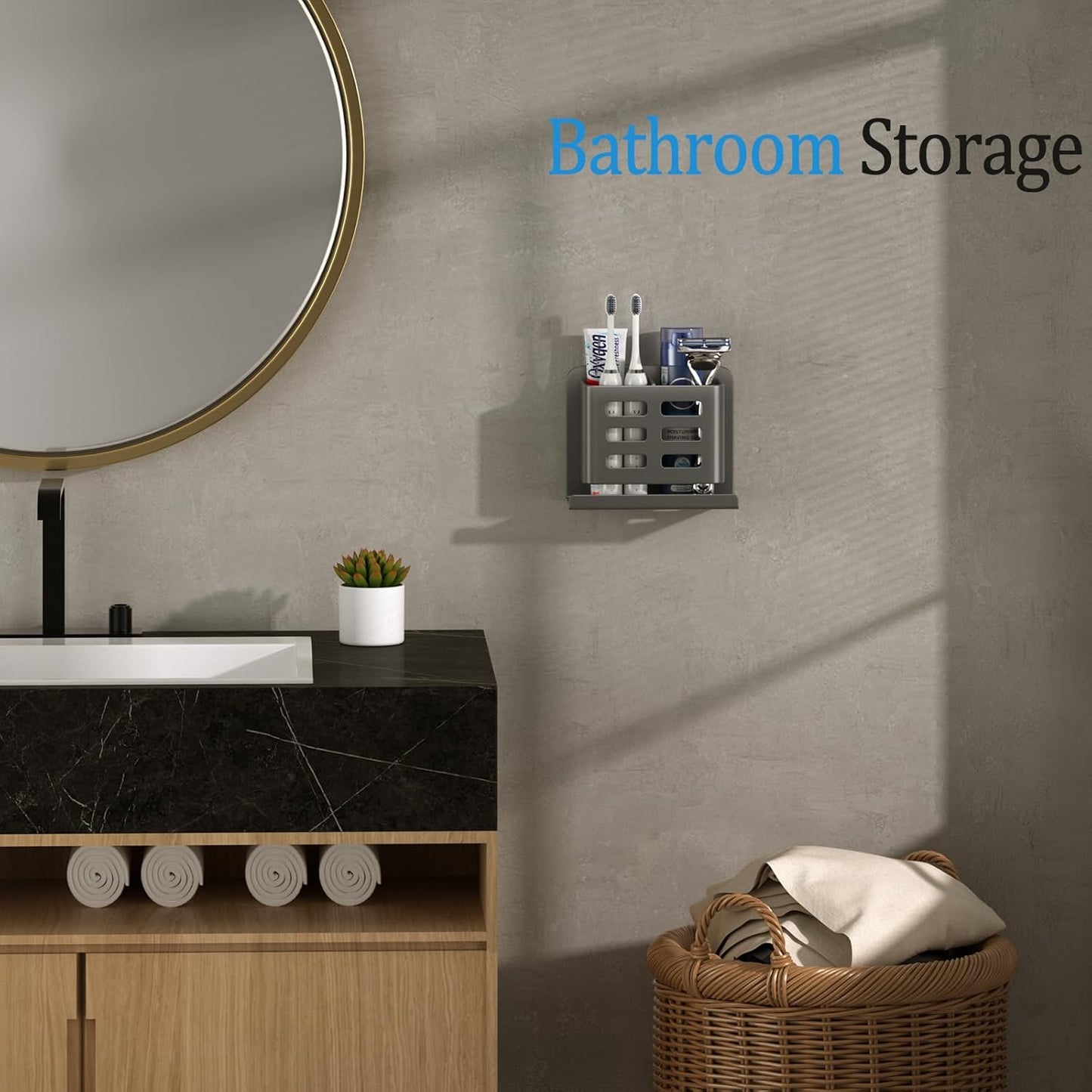 Grey Wall-Mounted Toothbrush Holder, Aluminum Material Shower Shaver Storage Rack, No Drilling Required, Removable Toothpaste Storage Rack