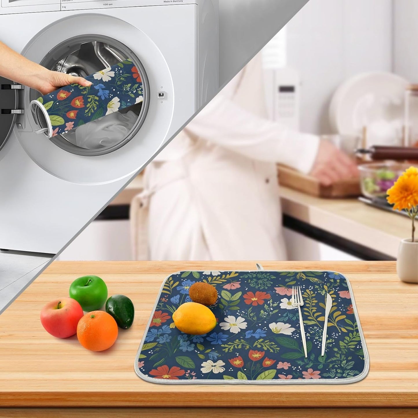 Wildflowers Dark Blue Dish Drying Mats for Kitchen Counter Absorbent Microfiber Dish Drying Matt 16 x 18 Inch Draining Reusable Rack Pad