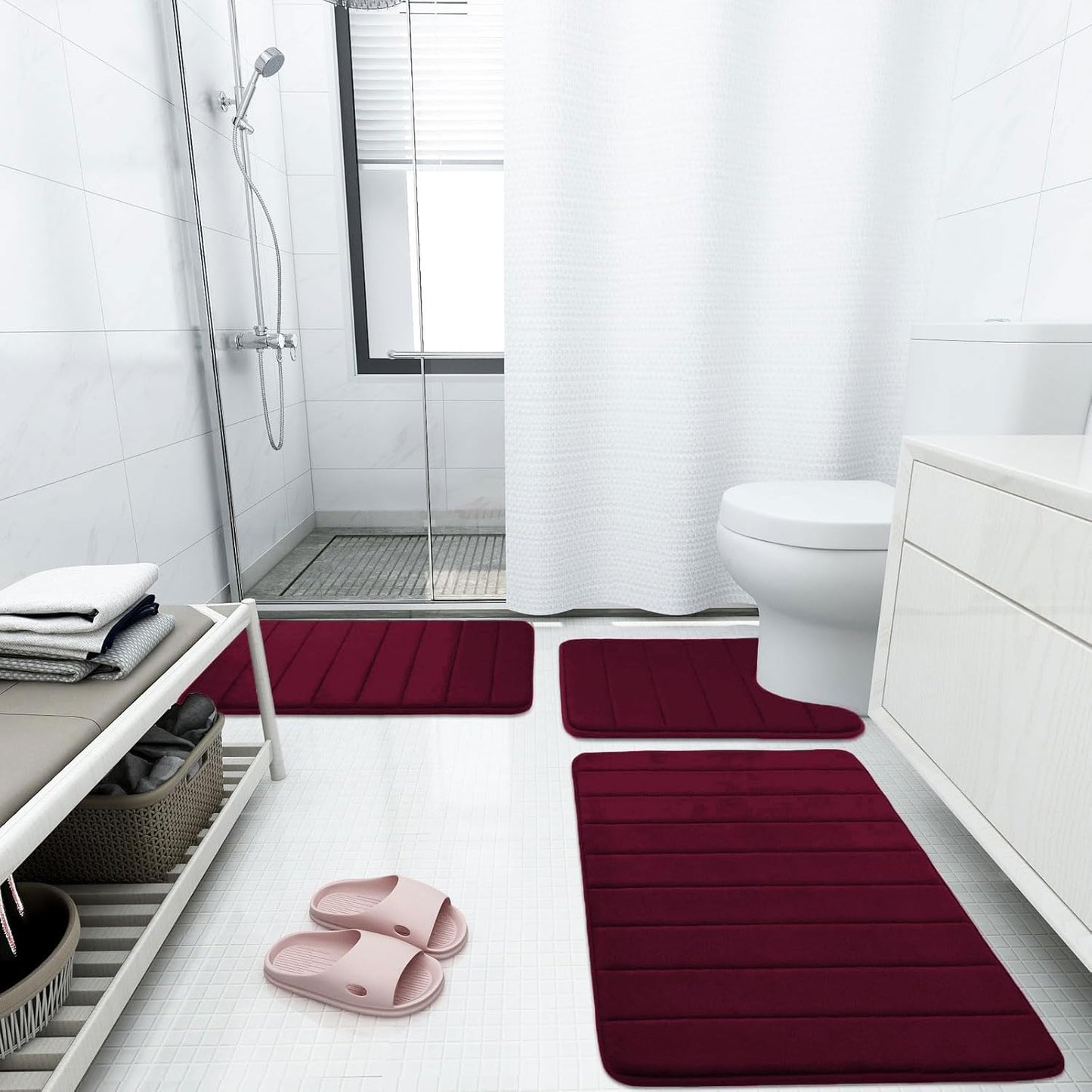 Buganda Memory Foam Bath Mat, 47" x 20", Ultra Soft and Non-Slip Bathroom Rugs, Water Absorbent and Machine Washable Bath Rug Runner for Bathroom, Shower, and Tub, Burgundy