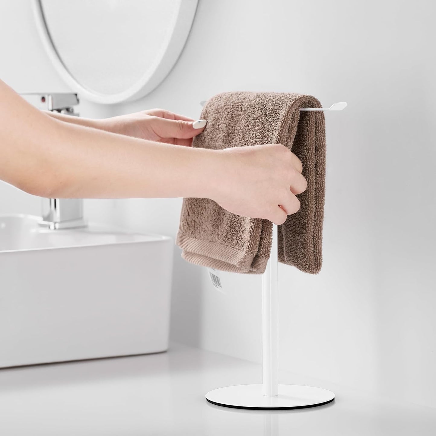 White Hand Towel Holder Stand – Countertop T-Shaped Stainless Steel Towel Rack with Non-Slip Base for Vanity and Kitchen
