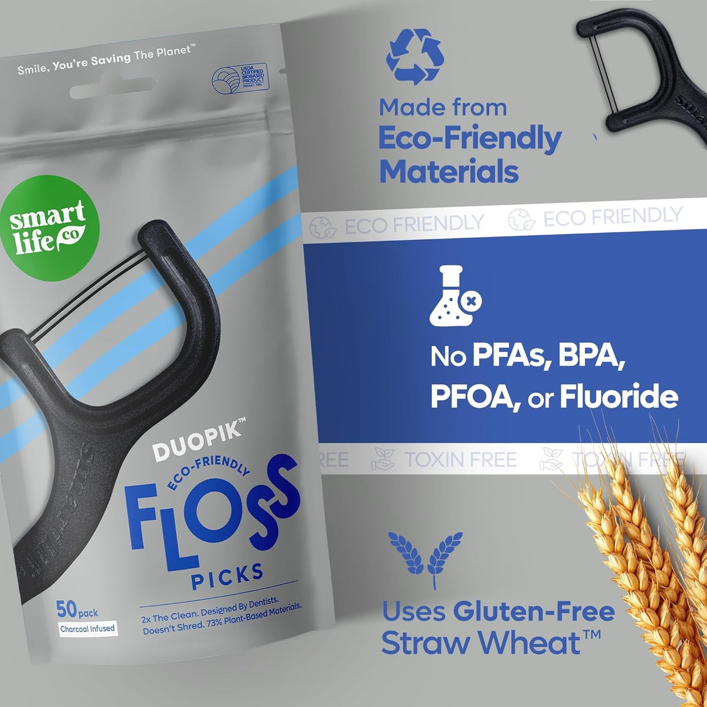 SmartLifeco Eco-Friendly Dual-Thread Dental Floss Picks (200ct) - Flossers Made with Straw Wheat Blend, Natural Teeth Whitening, Tooth Pick Stick for Adults, Activated Bamboo Charcoal Floss Thread