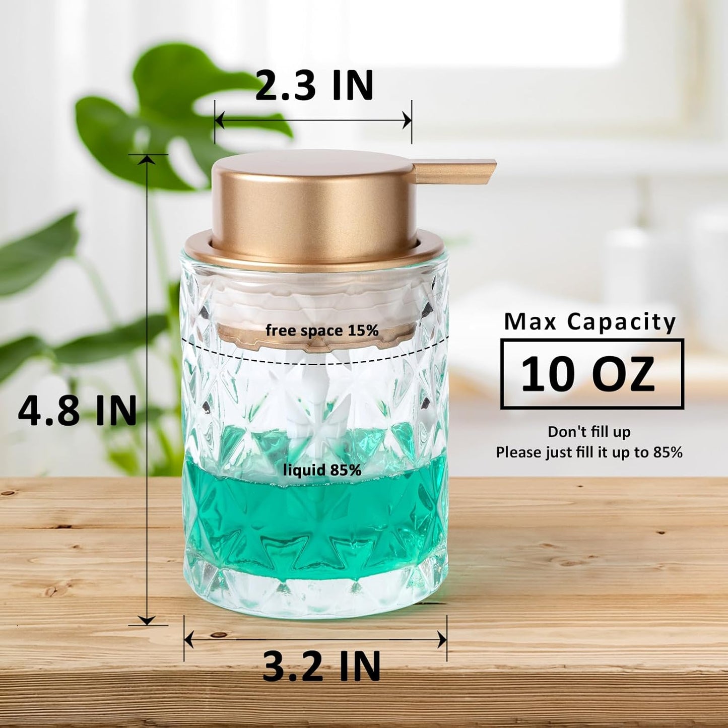 Bathroom Glass Soap Dispenser with Durable Rust-Proof Plastic Liquid Pump (Can't Foam) Hand Lotion Dispenser Antislip Shampoo Kitchen 10oz 2 Pack