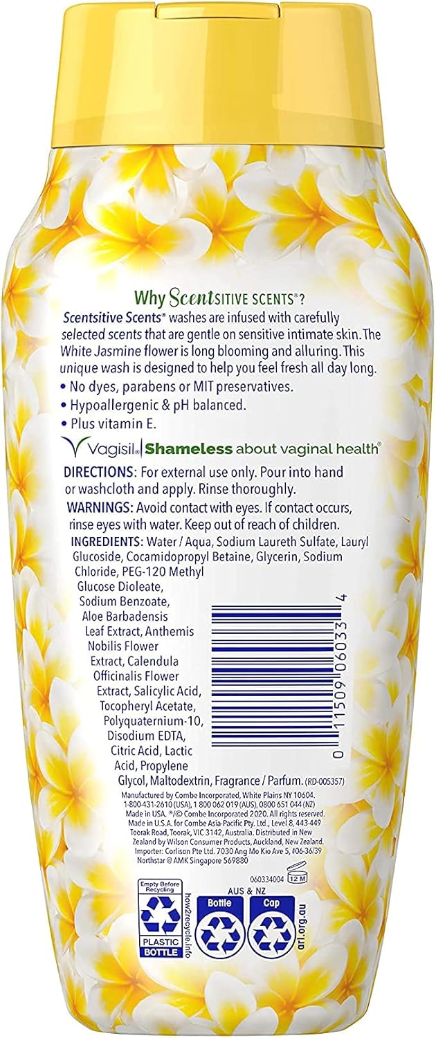 Vagisil Feminine Wash for Intimate Area Hygiene, Scentsitive Scents, pH Balanced and Gynecologist Tested, White Jasmine, 12 oz (Pack of 3)