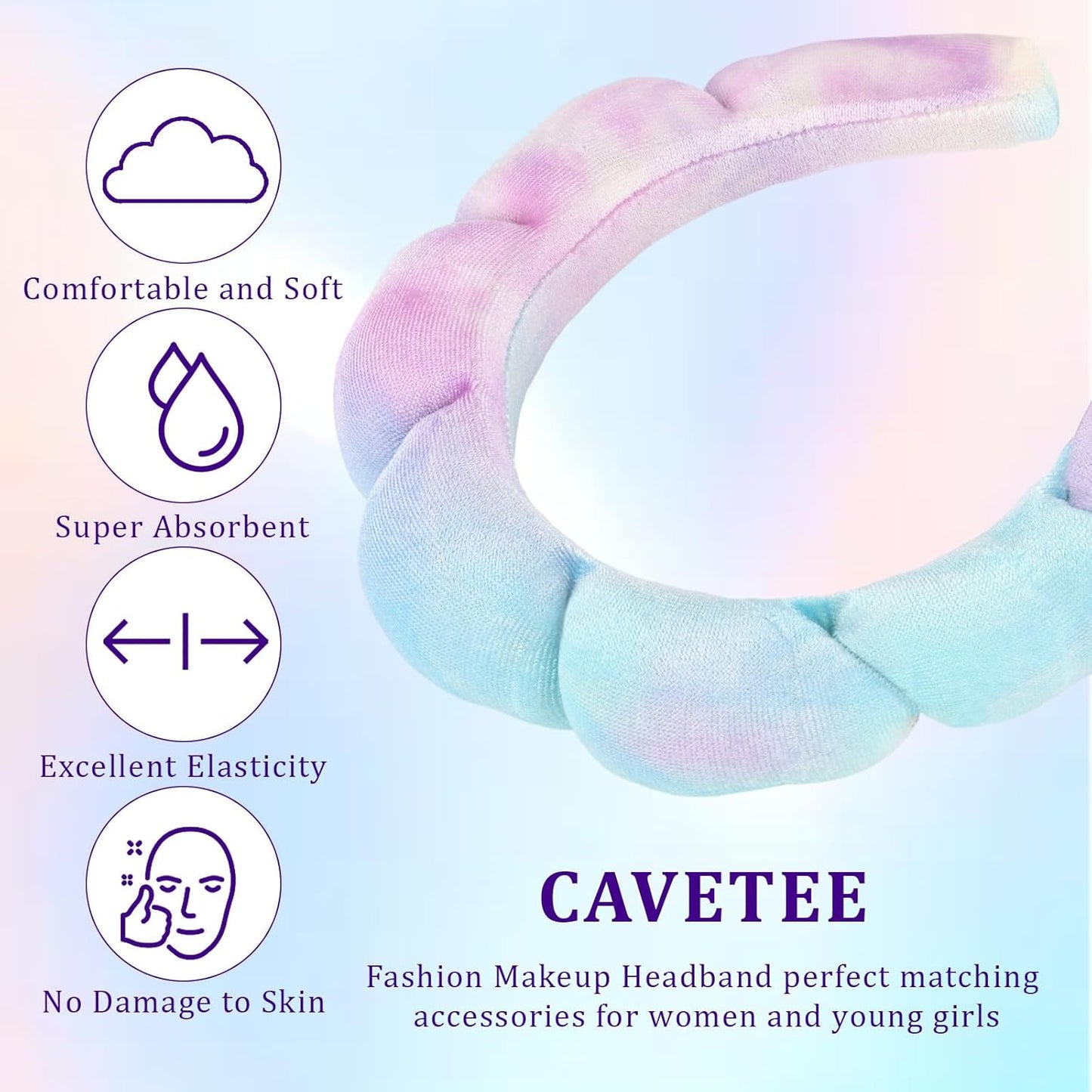 CAVETEE Spa Headband for Washing Face, Sink Care Headband for Women Sponge Bubble Makeup Head band for Women, Soft Velour Hair Accessoriesfor Girls (Tie Dyed, one size)