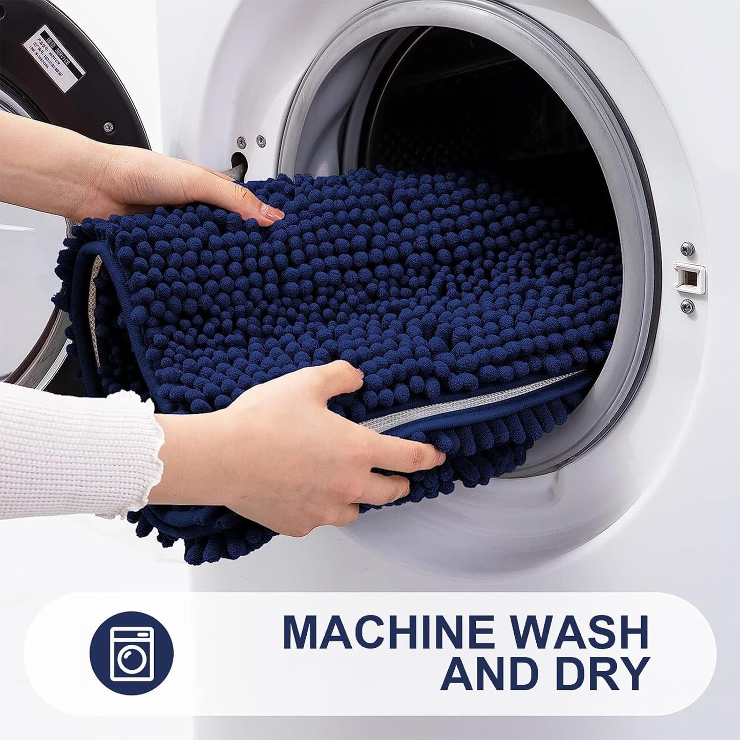 Grandaily Chenille Striped Bathroom Rugs 30x20, Extra Thick and Absorbent Bath Mats, Non-Slip Soft Plush Shaggy Shower Carpet, Machine Wash Dry, Bath Rug for Bathroom, (Medium, Navy)