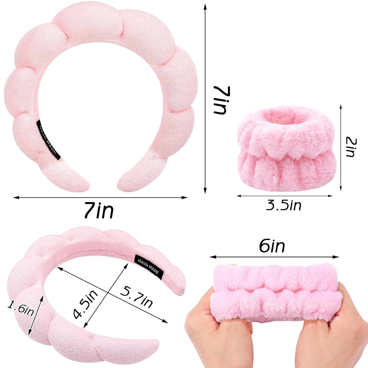 Zkptops Spa Headband for Washing Face Wristband Sponge Makeup Skincare Headband Terry Cloth Bubble Soft Get Ready Hairband for Women Girl Puffy Padded Headwear Non Slip Thick Hair Accessory(Pink)