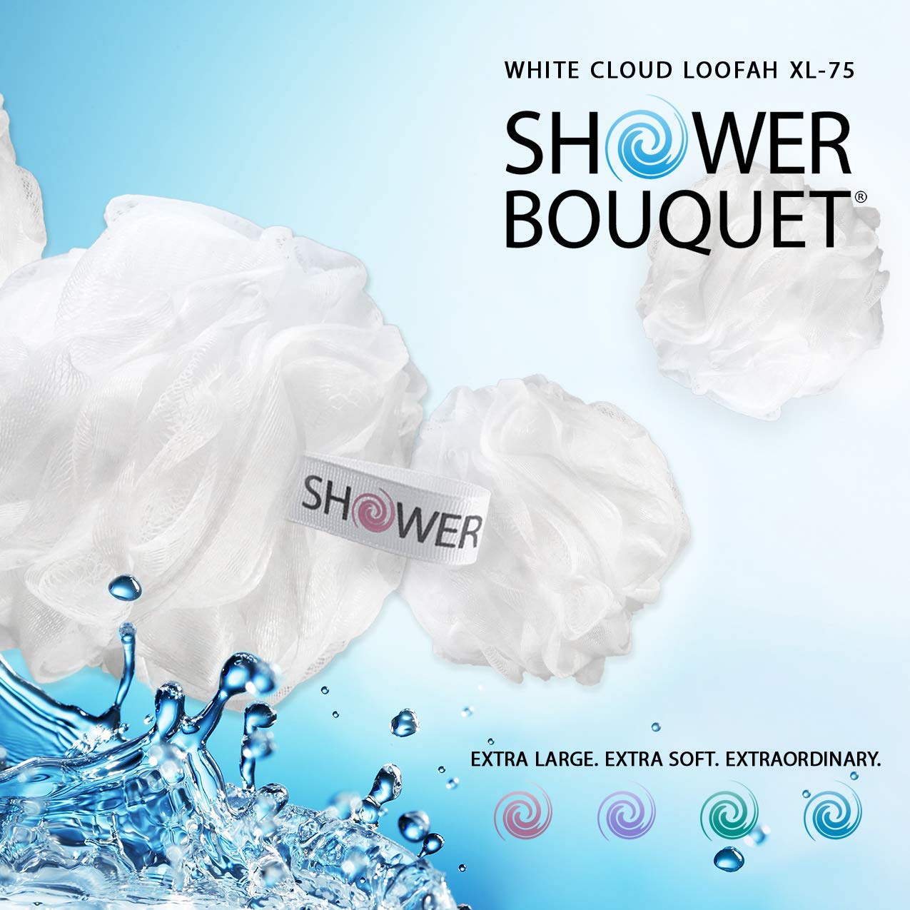 SHOWER BOUQUET Loofah Soft-White-Cloud XL Bath-Sponge 4-Pack // Extra Large 75g Mesh Loofa Lufa Pouf Set for Men and Women - Exfoliate with Big Gentle Cleanse Scrubber in Beauty Bathing Accessories