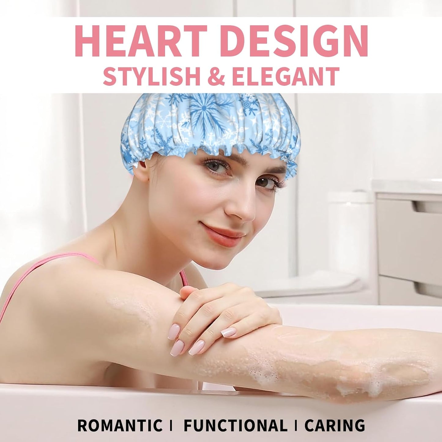 Winter Snowflakes Shower Caps Blue White Snowflakes Hair Caps for Shower Dual-Layer Waterproof Bath Hat Elastic Reusable Hair Hat for Shower Cooking Clean Makeup Travel