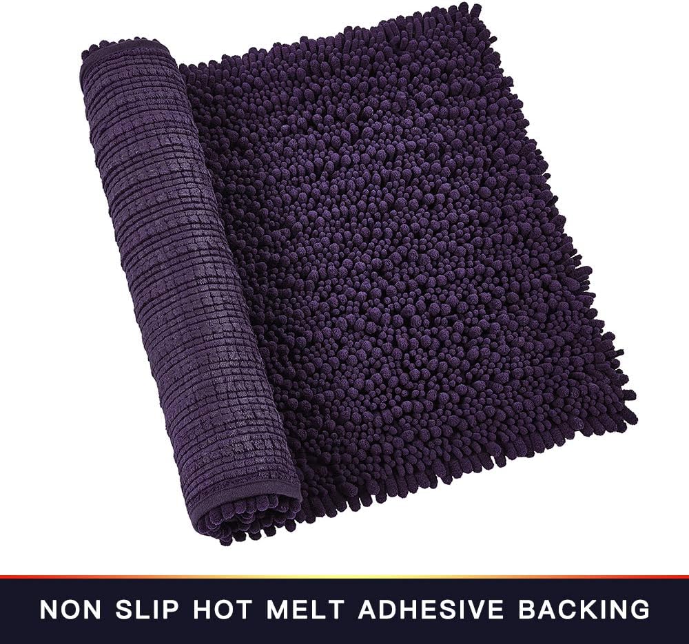 Walensee Bathroom Rug 2 Pieces Set Non Slip Bath Mat (17x24 Plus 20x32 Inch Dark Purple) Water Absorbent Super Soft Shaggy Chenille Machine Washable Dry Extra Thick Perfect Carpet for Shower Floor