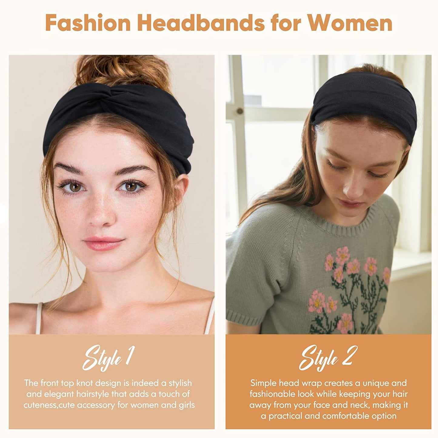 Wide Headbands for Women, Black Turban Headband Stretchy Twisted Head Wraps for Girls Yoga Workout Sports Head Bands For Women's Hair,Pack of 6