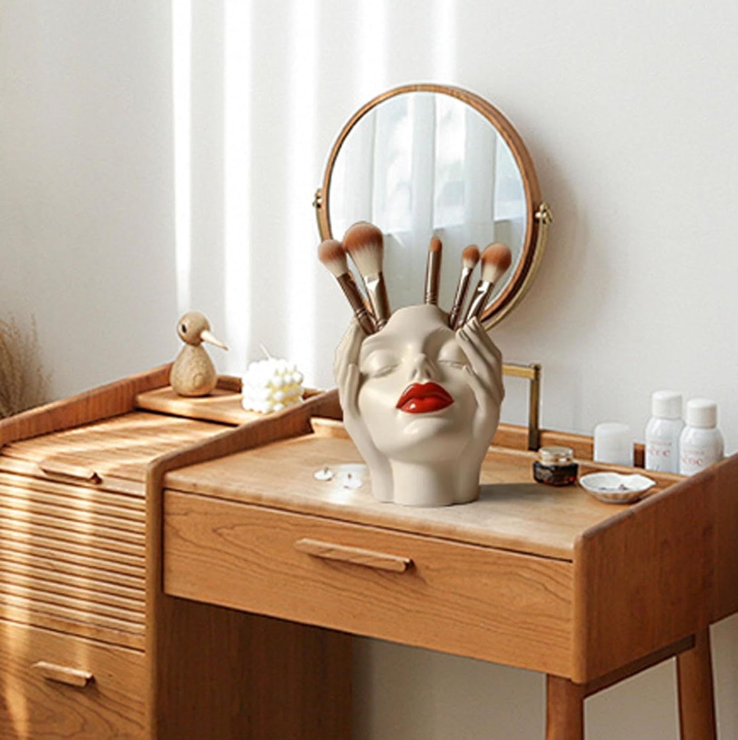 Makeup Brush Organizer, Boho Women Head Shape Sculpture, Modern Desk Decor Pen Holder, White Female Face Vase Bookshelf Decor, Office Shelf Organizer for Vanity, Living Room, Home (Beige 3)