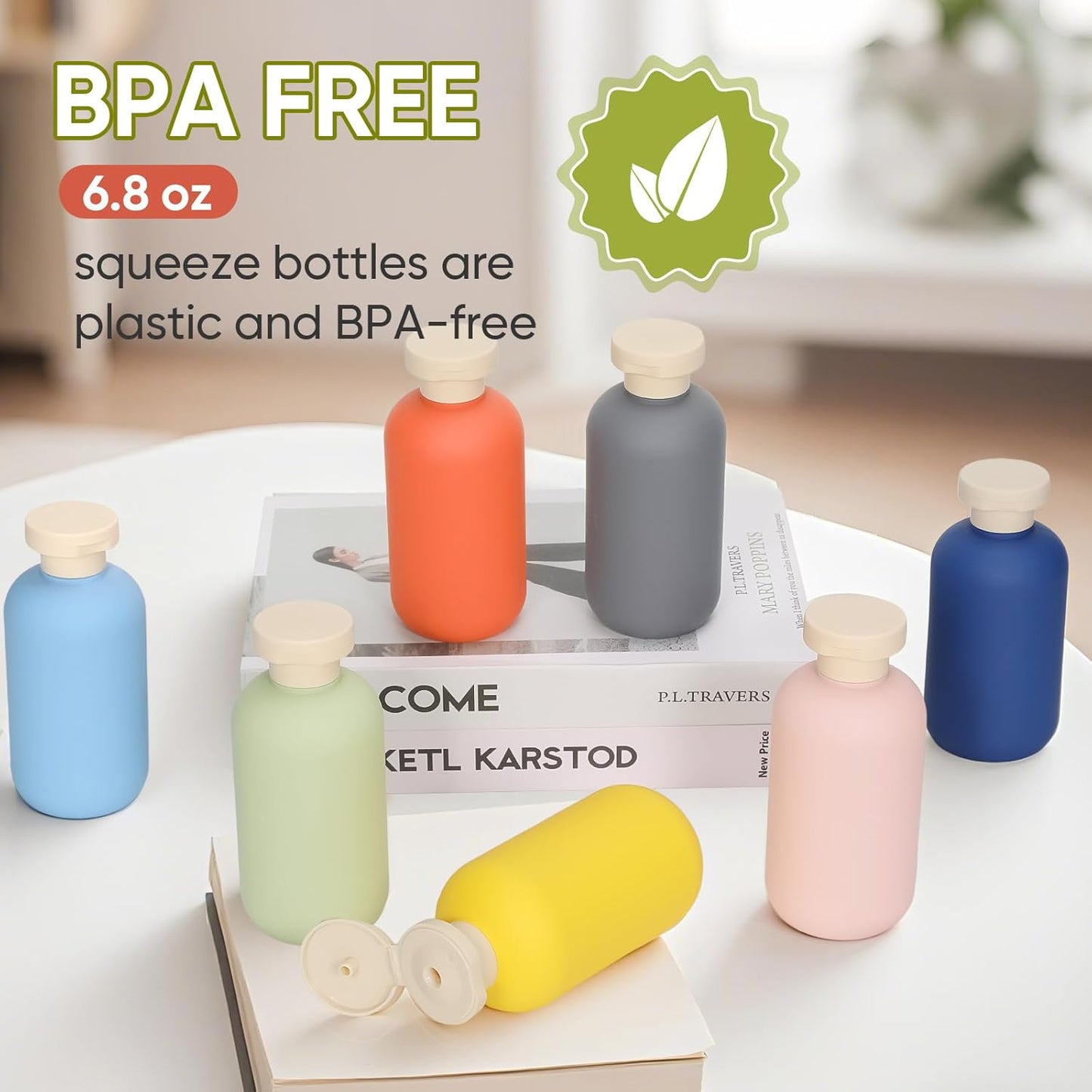 4 PACK 6.8 oz Plastic Travel Shampoo Bottles, Refillable Flip Cap Squeeze Bottles for Toiletries, Large Leakage-proof Travel Shampoo and Conditioner Container