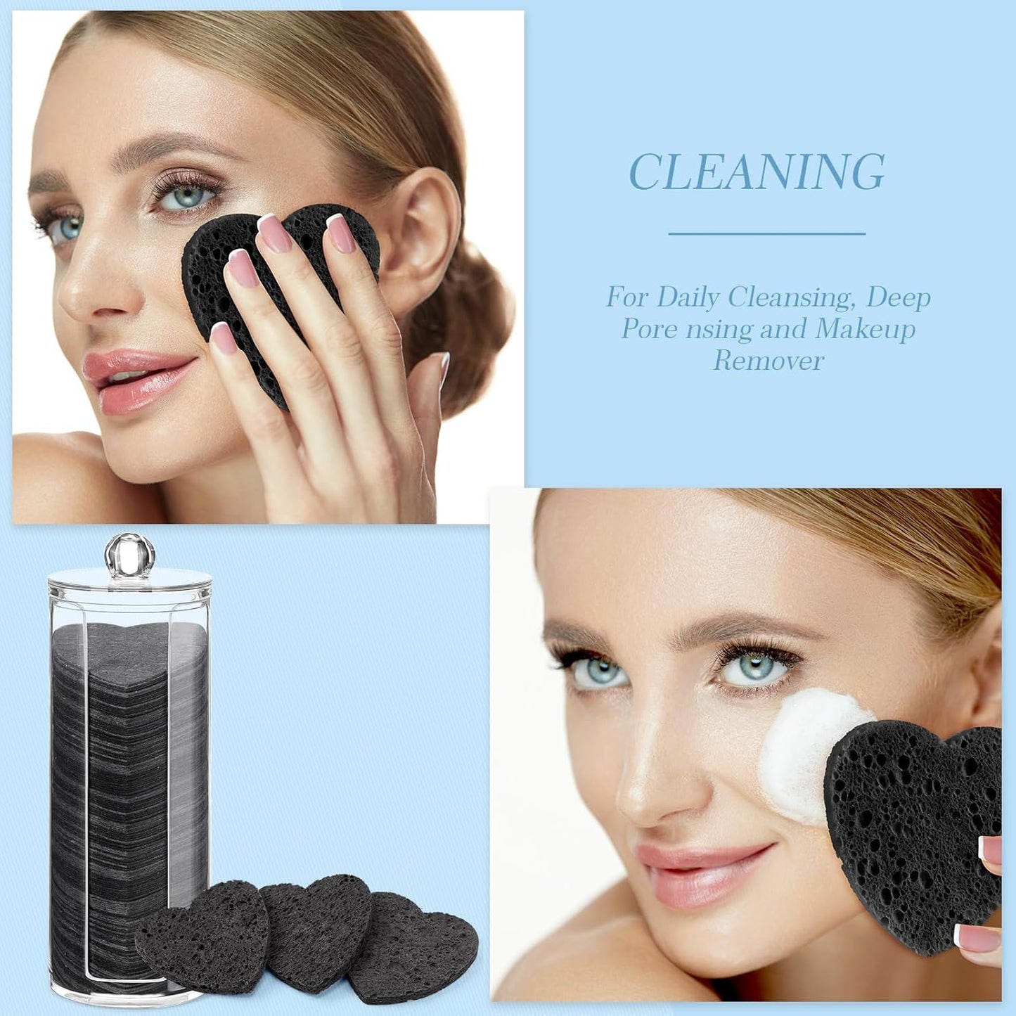 Sieral 120 Pcs Compressed Facial Sponges with Container Disposable Face Sponge Pads for Washing Face Cleansing Exfoliating Esthetician Makeup Removal(Heart,Black)