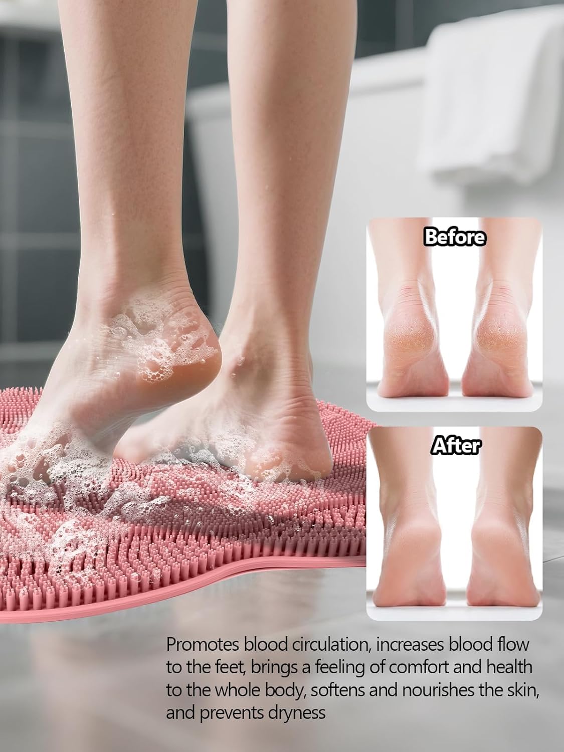 Kalolary Silicone Shower Foot Scrubber Mat, Large Foot Scrubber in Shower with Non Slip Suction Cups Foot Cleaner Brush to Clean Exfoliate and Massage Feet Without Bending Over Easy to Clean (Pink)