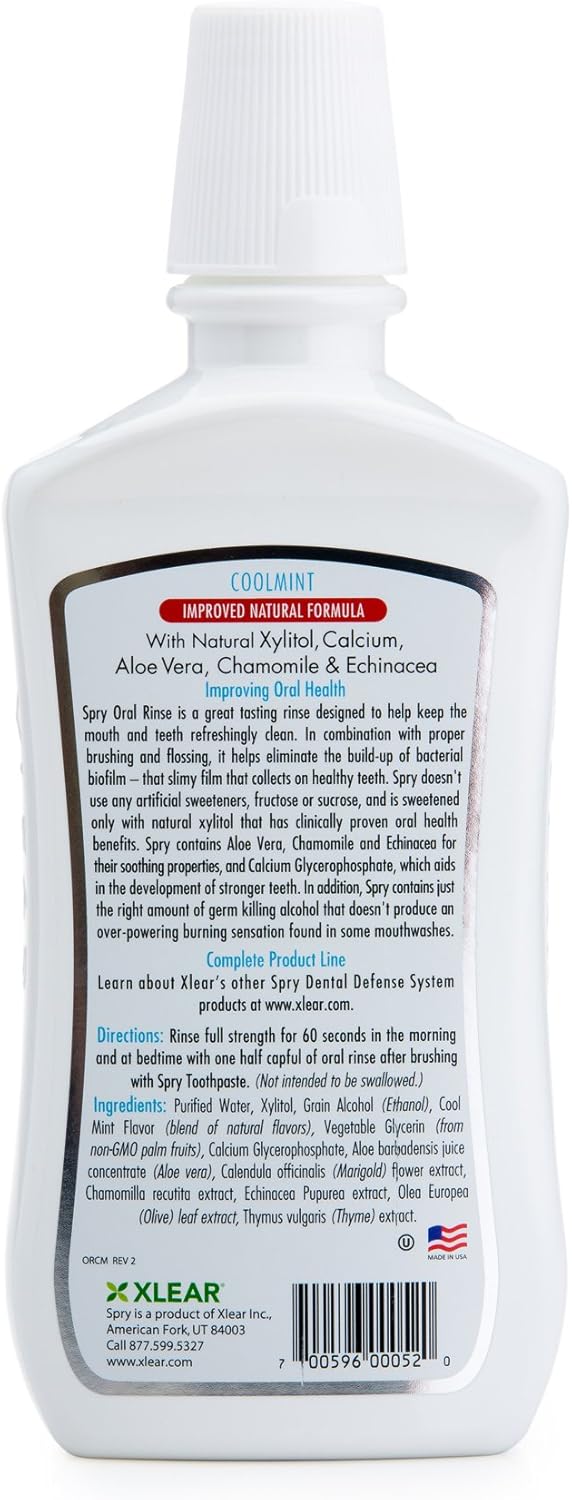 Spry Natural Xylitol Mouthwash Fluoride Free with Enamel Support, Gentle Alcohol Oral Rinse, Non-GMO, Coolmint - 16 fl oz (Pack of 1)