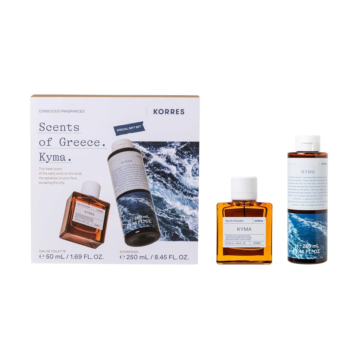 KORRES Kyma Eau De Toilette 1.69 Fl Oz & Shower Gel 8.45 Fl Oz Set, Marine Citrus Scent, Clean Formulas with Aloe & Marshmallow Root Extract, Unisex Body Care, Vegetarian, Cruelty Free, Made in Greece