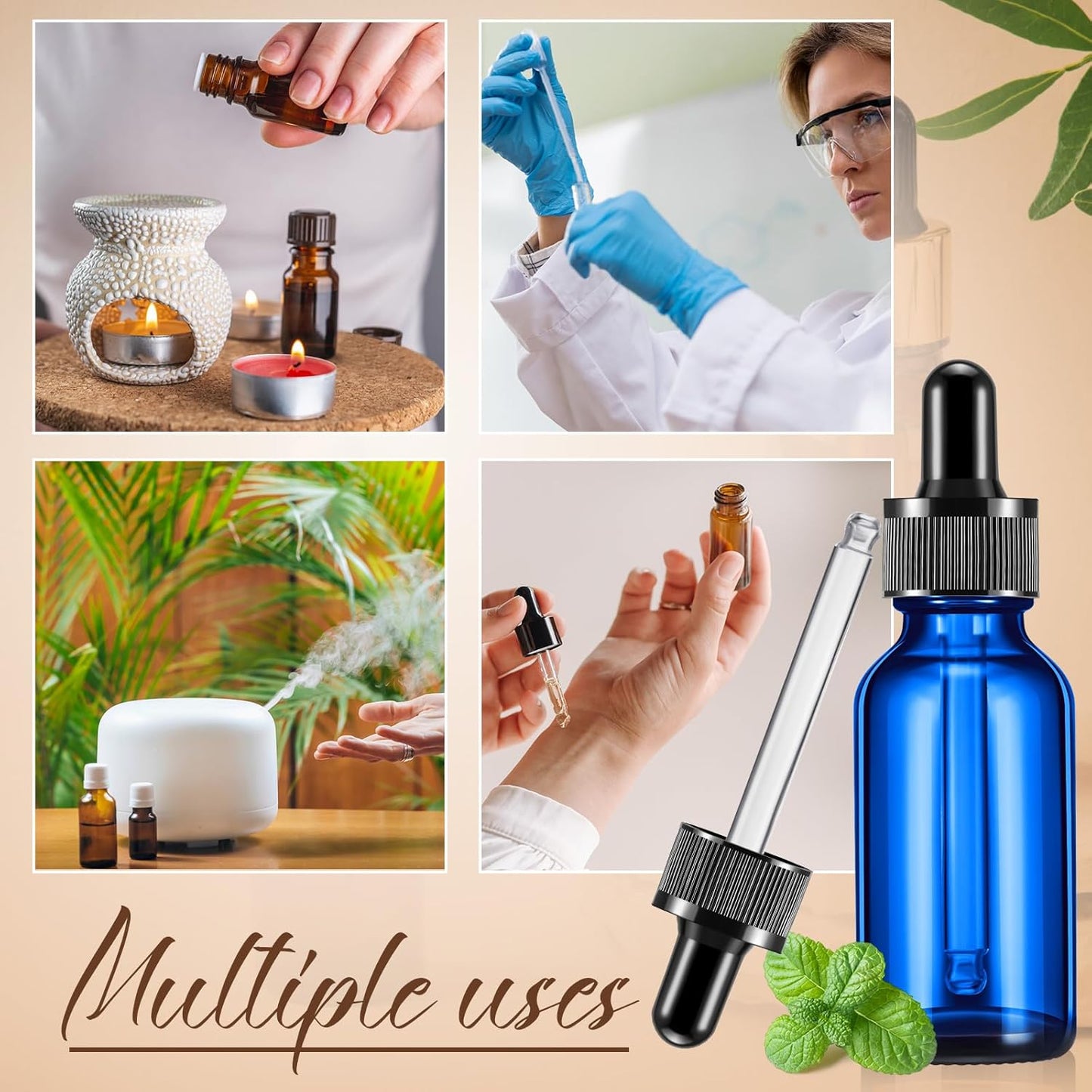 Lallisa 100 Pack Essential Oil Dropper Bottle 30 ml (1 Oz) Glass Dropper Bottles DIY for DIY Essential Oil Perfume with 5 Funnels 5 Pipettes 3ml 100 Labels for Bathrooms, Hotels, Labs (Blue)