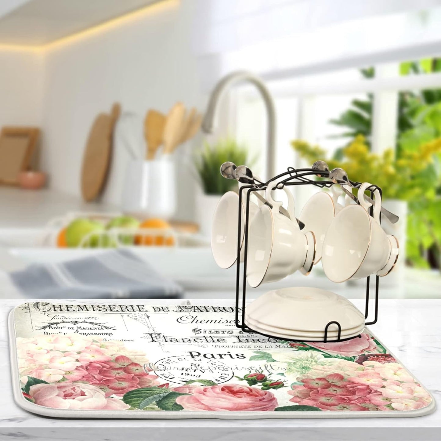 Vintage Pink Rose Flower Dish Drying Mats for Kitchen Drying Mat 16 x 18 Inch Absorbent Microfiber Drying Dish Mat Machine Washable Dish Rack Pad Dish Drainer Mat