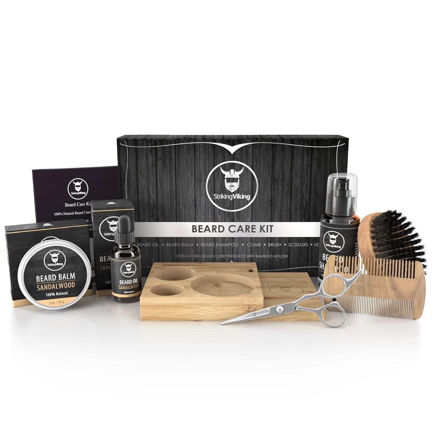 Striking Viking Beard Growth Kit - 7-Piece Set, Sandalwood Scent & Caddy - Oil & Balm with Beard Brush, Dual-Sided Comb & Scissors plus Mustache Comb for Grooming & Styling