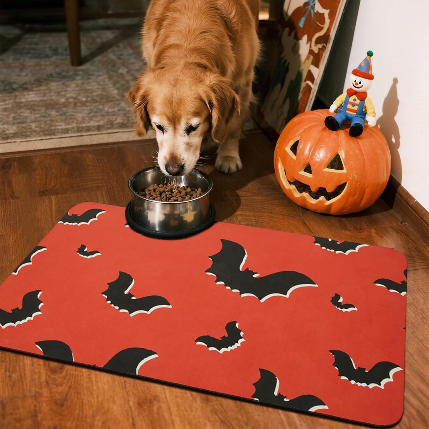 Halloween Bath Mat, Thin Halloween Bathroom Rug Non Slip Quick Dry Bat Bath Mat Fits Under Door Thin Floor Mat Halloween Decor, 24''x36'', Gothic Bats Orange